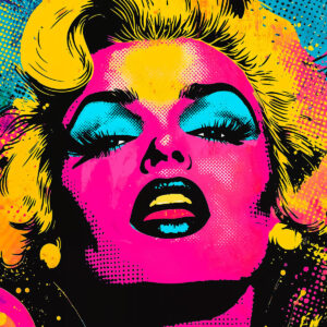 Portrait féminin pop art aux couleurs vives, création artistique inspirée du style rétro iconique pour décoration contemporaine