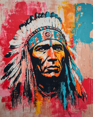 Inheems Amerikaans opperhoofd sjabloon met heilige hoofdtooi, voeg een voorouderlijk symbool toe aan je fresco. Hoge precisie, multi-formaat, duurzaam.