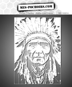 Indiaans opperhoofd in ceremoniële kleding, een sterke etnische creatie. Perfect voor wanddecoraties, schilderijen of artistiek textiel.