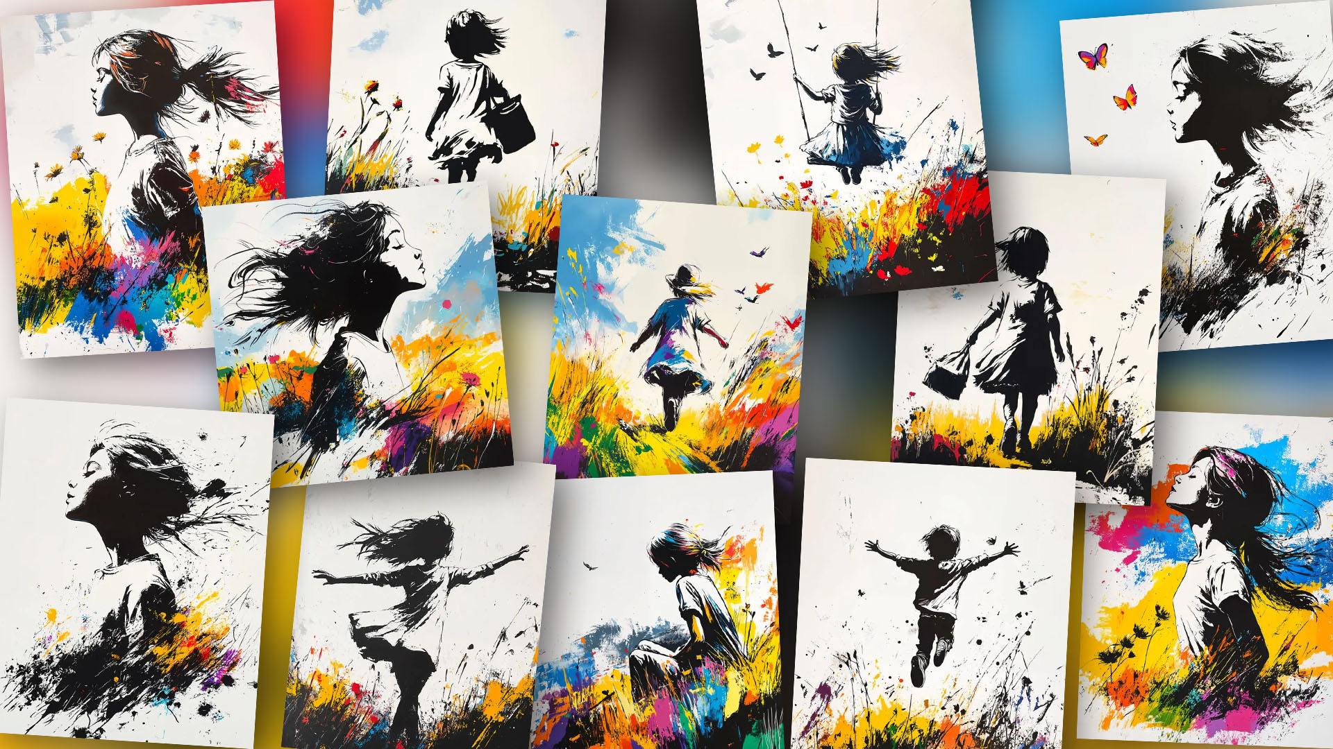 Einblick in die Schablonenkollektion 'Champs d'Azur': Silhouetten von Kindern in Bewegung, poetische Szenen, die Natur, Freiheit und leuchtende Farben miteinander verbinden.
