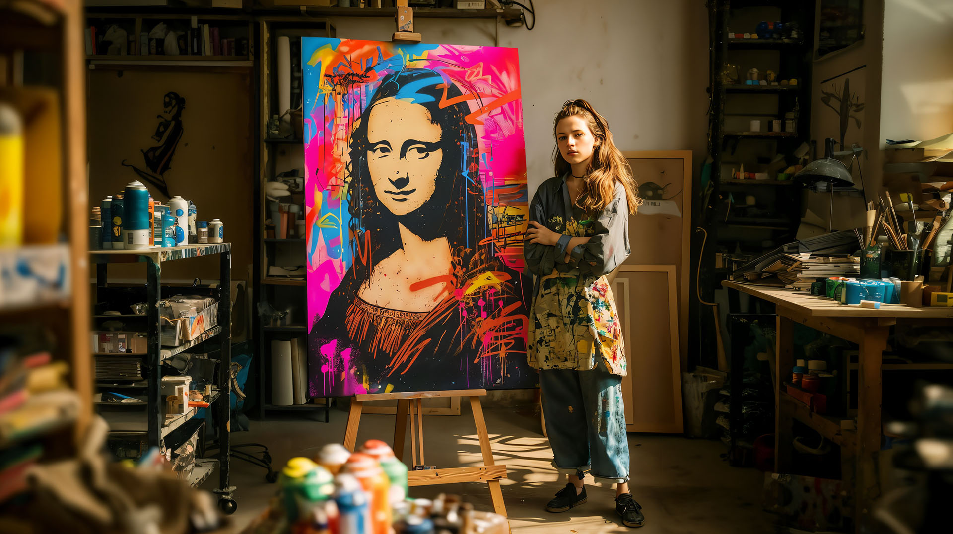 Kunstenaar poseert naast een groot 160 cm doek met een afbeelding van een Mona Lisa in graffiti pop-artstijl, gemaakt met een XXL-stencil.