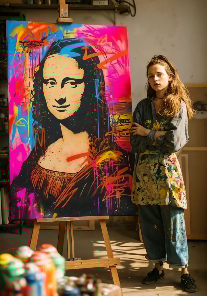 Artista posando junto a un gran lienzo de 160 cm que representa una Mona Lisa en estilo graffiti pop art, creado utilizando una plantilla XXL.