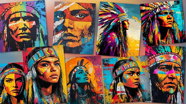 Portraits de chefs et femmes amérindiens en style street art coloré – collection exclusive de pochoirs Feathers and Silence