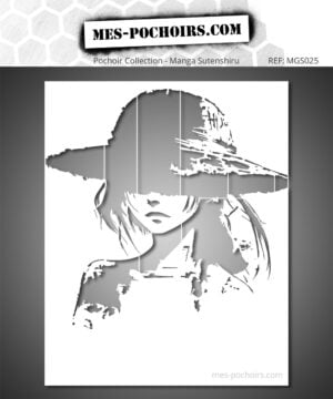 Pochoir Manga Héroïne Mystérieuse Au Chapeau, idéal pour personnaliser murs, meubles, tissus ou projets de décoration créative.