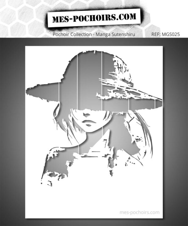 Pochoir Manga Héroïne Mystérieuse Au Chapeau, idéal pour personnaliser murs, meubles, tissus ou projets de décoration créative.