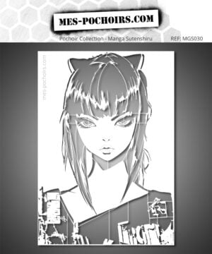 Pochoir Manga Femme aux Oreilles de Chat réversible et réutilisable, haute qualité. Disponible en plusieurs tailles pour peinture, tableau et œuvre personnelle.