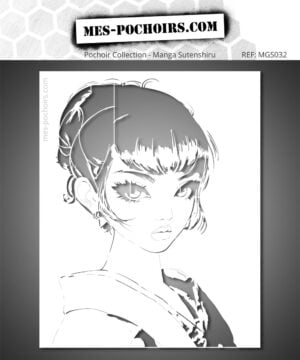 Japans meisje sjabloon - diepe blik en sierlijke houding. Haar hoge knot en delicate gelaatstrekken drukken een kalme, zelfverzekerde schoonheid uit die doordrongen is van verfijning.