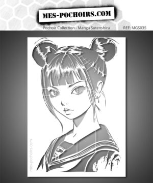 Stencil geïnspireerd door Japanse manga, met een schoolmeisje met een lief, vastberaden gezicht. Ideaal om een stedelijk, poëtisch tintje aan je creaties te geven.