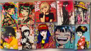 Illustration de la collection Manga Sutenshiru – 10 pochoirs représentant des personnages manga stylisés entre esthétique japonaise et street art.
