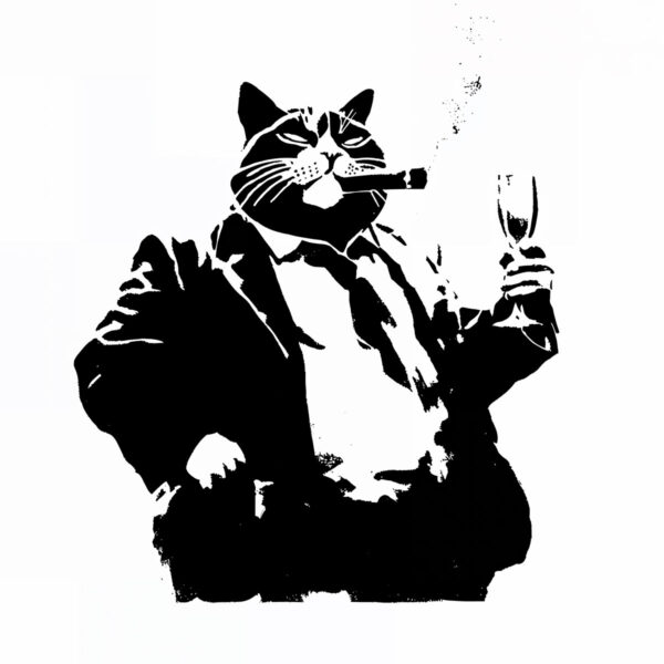 Stencil raffigurante un gatto mafioso in costume, sigaro in bocca e coppa di champagne nella zampa, in una posa arrogante e caricaturale.