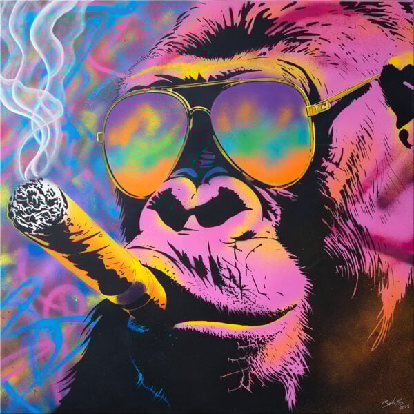 Final work 'The Don' by John Beckley - graffiti-style gorilla with mirrored glasses and smoking cigar against a vibrant neon backdrop