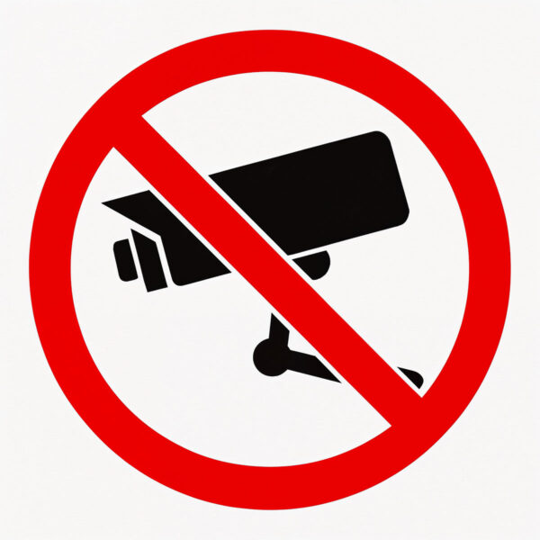 Graphic stencil showing a crossed-out surveillance camera in a red circle, evoking a message against surveillance in a clear, minimalist style.