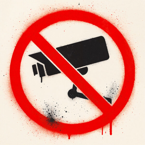 Stencil showing a surveillance camera crossed out in a red circle, with splashes and drips of black and red paint in a graffiti style, symbolising criticism of mass surveillance.