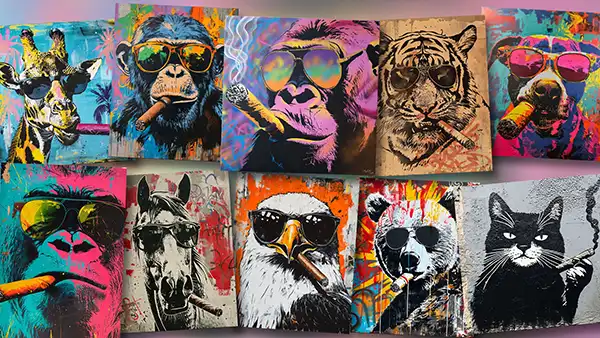 Œuvres réalisées à partir des pochoirs de la collection Wild Smockers, animaux stylisés street art avec lunettes et cigares