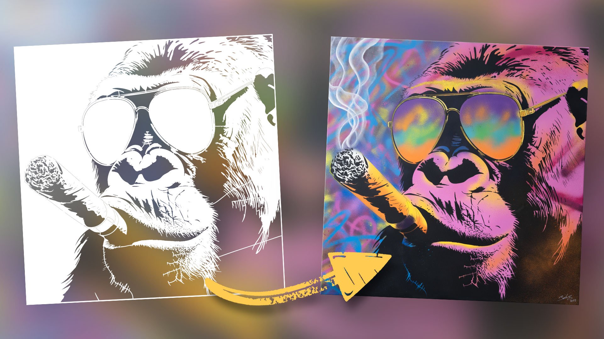 Illustration tutoriel The Don – Du pochoir original à l’œuvre street art finale par John Beckley, avec fond graffiti fluo et contraste noir percutant.