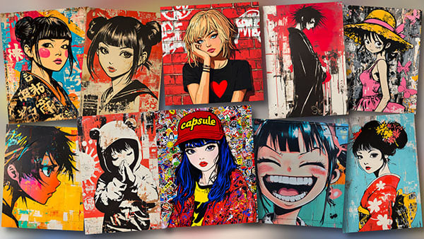 Illustration de la collection Manga Sutenshiru – 10 pochoirs représentant des personnages manga stylisés entre esthétique japonaise et street art.