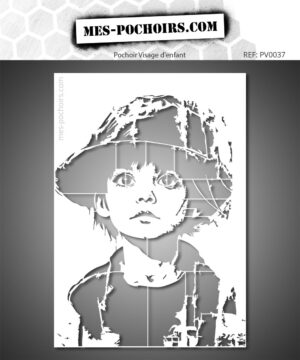 A stencil of a child's face with a hat, inspired by Banksy and New York street art, with a minimalist, expressive design.