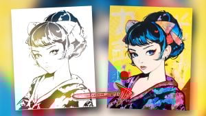 Avant-après du pochoir Geisha Moderne utilisé pour créer l’œuvre Pixel Geisha par John Beckley, fusion manga et art contemporain