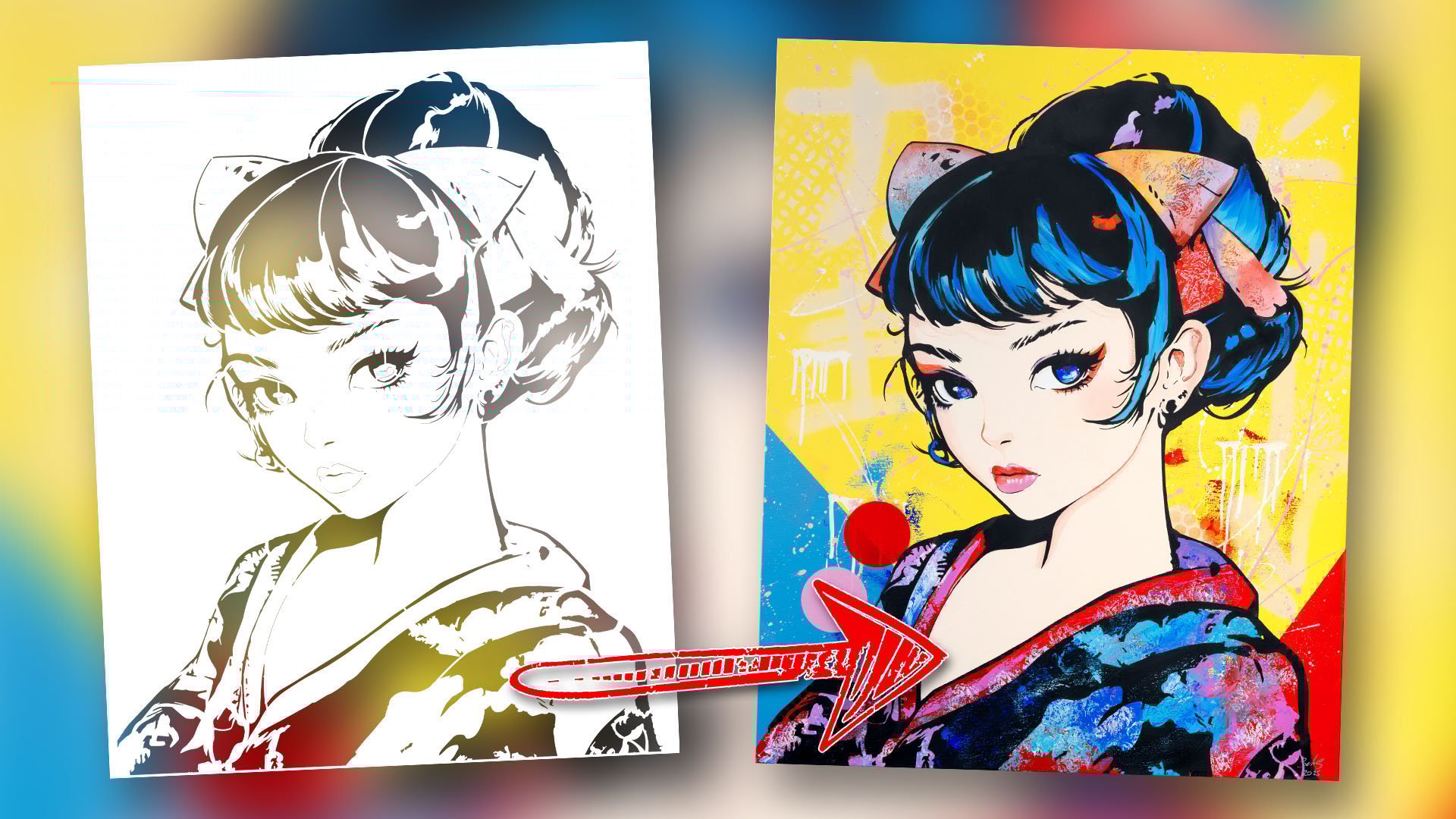 Avant-après der Schablone Geisha Moderne, die verwendet wurde, um das Werk Pixel Geisha von John Beckley zu schaffen, eine Verschmelzung von Manga und zeitgenössischer Kunst