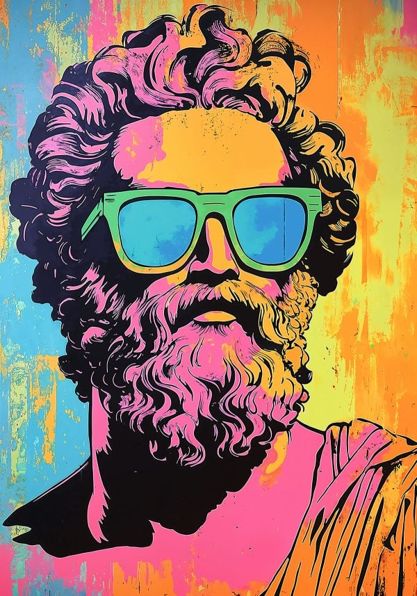 Pop art di Zeus con occhiali da sole, creata con lo stencil Zeus is Cool per un look divertente e stravagante.