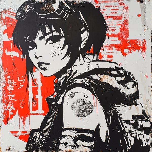 Manga-Schablone Urbane Kriegerin für Künstler auf der Suche nach visueller Wirkung. Wiederverwendbar, hohe Qualität, mehrere Größen zur Auswahl.