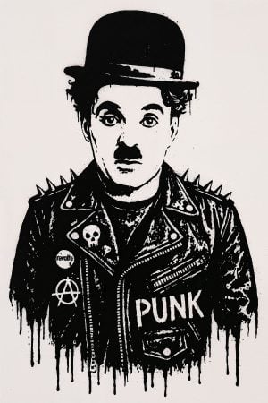 Charlie Chaplin punk stencil, a fusion of silent film icon and New York street art aesthetic