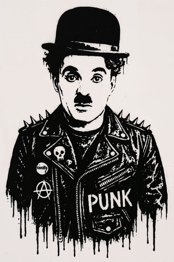 Pochoir Charlie Chaplin punk, fusion entre icône du cinéma muet et esthétique street art new-yorkais