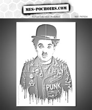 Charlie Chaplin punk stencil, portrait turned into raw urban art, graffiti style inspired by Banksy