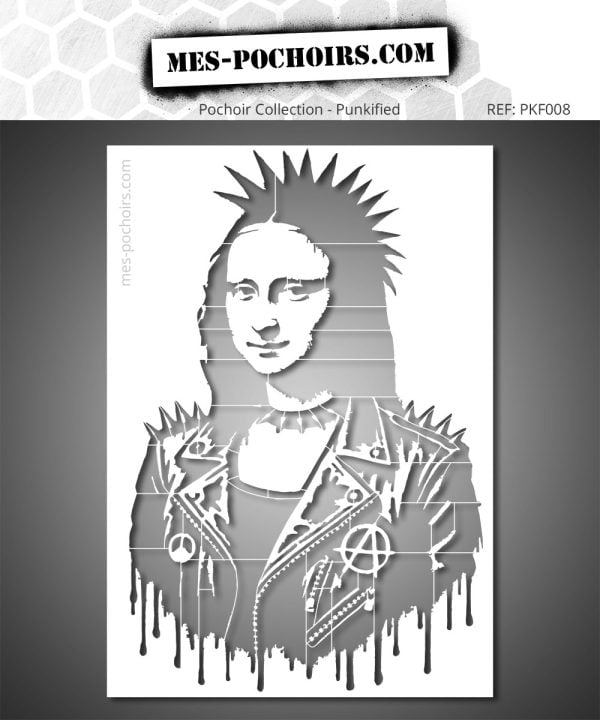 Monna Lisa Punk stencil - ritratto grafico a stencil della famosa Monna Lisa reinterpretata in versione punk, ideale per decorazioni murali, arte urbana, graffiti e arte creativa.