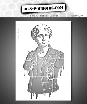 La celebre Venere di Milo rivisitata come icona punk: giacca a spillo, atteggiamento ribelle e spirito da street art. Uno stencil preciso e riutilizzabile per un tocco moderno ed espressivo su qualsiasi superficie.