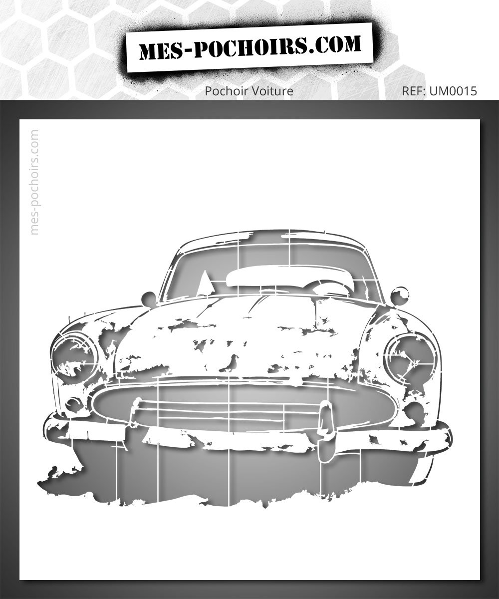 La plantilla del coche americano revela un diseño preciso e impactante: faros redondos, capó macizo e imponente parrilla del radiador. Una representación gráfica que evoca toda la potencia y la belleza de los clásicos de los años cincuenta.
