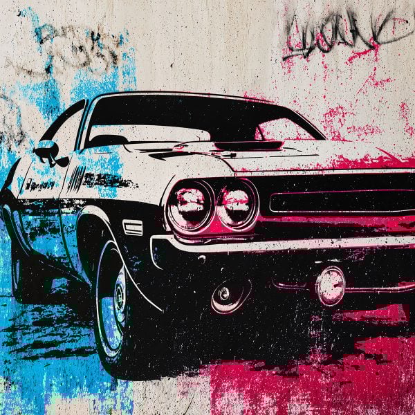 Silhouette Dodge Challenger en pochoir street art, ligne agressive et esthétique urbaine brute