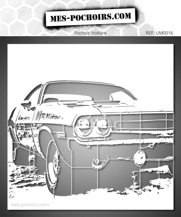 Pochoir Dodge Challenger, muscle car iconique en style graffiti urbain, art brut et puissant