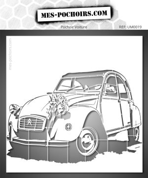 Schablone, die einen Citroën 2CV darstellt, der mit Blumen dekoriert ist. Ideal, um Wände, Möbel, Stoffe oder kreative Dekorationsprojekte zu personalisieren.