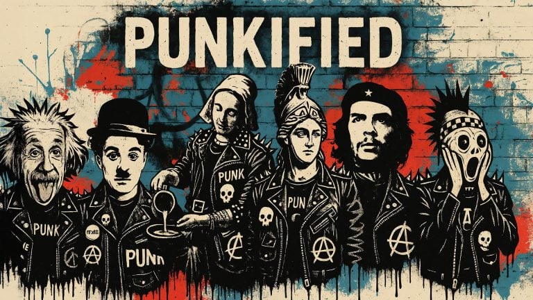 Pochoirs punk de la collection Punkified représentant Einstein, Charlie Chaplin, la Laitière, Athéna, Che Guevara et Le Cri en version rebelle avec blousons cloutés et graffiti 'PUNKIFIED' en arrière-plan