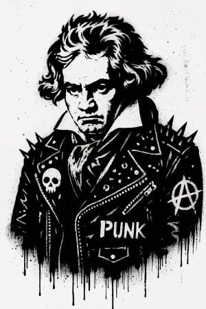 Ludwig van Beethoven è qui reinventato in una versione punk audace e dura, grazie a uno stencil esclusivo del nostro negozio.