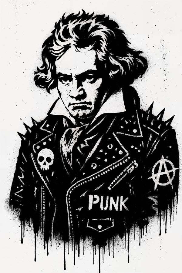 Ludwig van Beethoven è qui reinventato in una versione punk audace e dura, grazie a uno stencil esclusivo del nostro negozio.