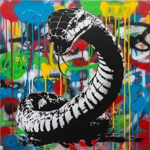 Realizzato con lo stencil Cobra, questo dipinto mette in risalto la potenza e l'eleganza del serpente. Le sue linee sinuose e i tratti precisi evocano la forza, la flessuosità e il mistero di questo animale emblematico.