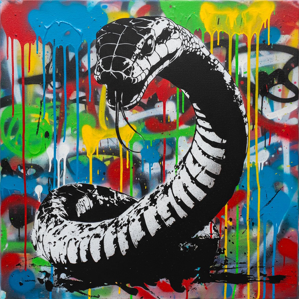 Realizzato con lo stencil Cobra, questo dipinto mette in risalto la potenza e l'eleganza del serpente. Le sue linee sinuose e i tratti precisi evocano la forza, la flessuosità e il mistero di questo animale emblematico.