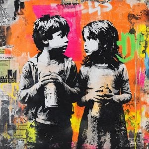 Œuvre réalisée avec le pochoir enfants street art, inspirée de l’univers urbain et des émotions brutes. Cette création capture la spontanéité et la force visuelle du graffiti, tout en conservant une touche d’innocence propre à l’enfance. Idéale pour apporter une dimension contemporaine et expressive à un mur, une toile ou un projet artistique.