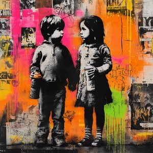 Œuvre réalisée au pochoir Graffitis Enfants, mêlant innocence et énergie urbaine. Les contrastes bruts et les touches street art évoquent la spontanéité des murs de la ville, tout en transmettant une émotion simple et authentique.