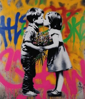 Œuvre réalisée avec le pochoir d'enfants amoureux, empreinte de tendresse et d’innocence. Dans un style street art doux et poétique, cette création capture la pureté du premier regard et la beauté simple des émotions enfantines.