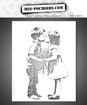 Pochoir enfants amoureux – une scène pleine de douceur et d’innocence où un petit garçon offre des fleurs à une fillette avant de l’embrasser. Inspiré du street art, ce pochoir au style Banksy apporte une touche poétique et urbaine à vos créations décoratives.