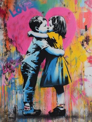Tableau créé avec le pochoir des enfants qui s’embrassent, symbole d’innocence et de douceur. Inspirée du street art, elle mêle émotion et simplicité pour évoquer la tendresse d’un instant suspendu, comme une déclaration d’amour naïve sur les murs de la ville.