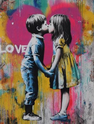 Illustration réalisée avec le pochoir Couple de Petits Amoureux - tout en délicatesse et en émotion. Dans un esprit street art tendre et nostalgique, elle capture la magie des premiers sentiments et la poésie d’un amour enfantin figé sur les murs de la ville.