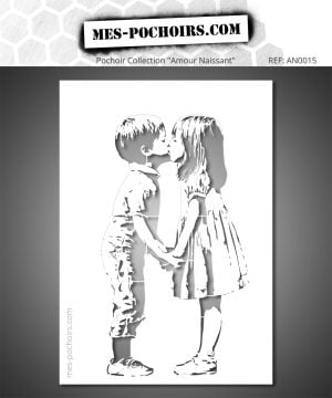 Pochoir couple petits amoureux - Un pochoir mêlant la tendresse du rétro et la force du street art. Deux enfants s’embrassent dans une scène poétique et intemporelle, inspirée par l’univers urbain et la simplicité des émotions à la manière de Banksy. Parfait pour créer une décoration murale à la fois douce et percutante.