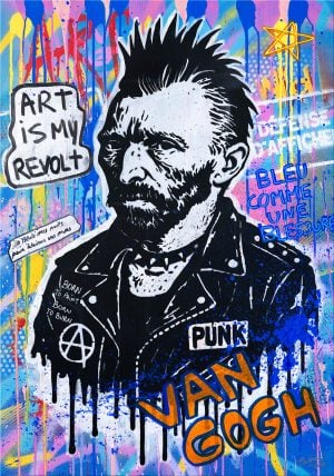 Street art painting of Vincent Van Gogh as a punk, using a stencil, with a spiky crest, a studded leather jacket and a colourful graffiti background.
