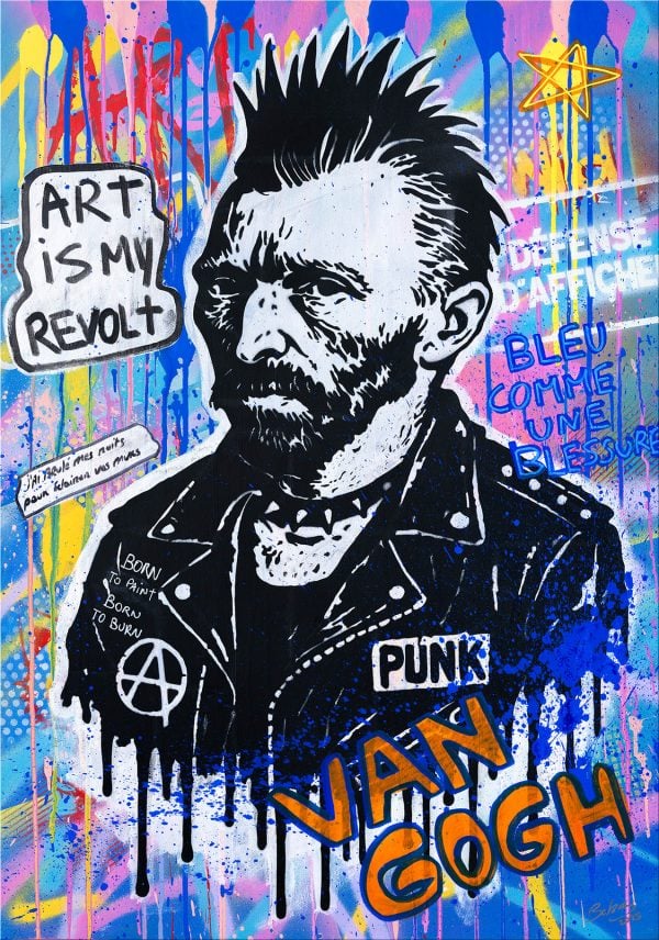 Quadro di street art che ritrae Vincent Van Gogh come un punk, utilizzando uno stencil, con una cresta appuntita, una giacca di pelle borchiata e uno sfondo colorato di graffiti.