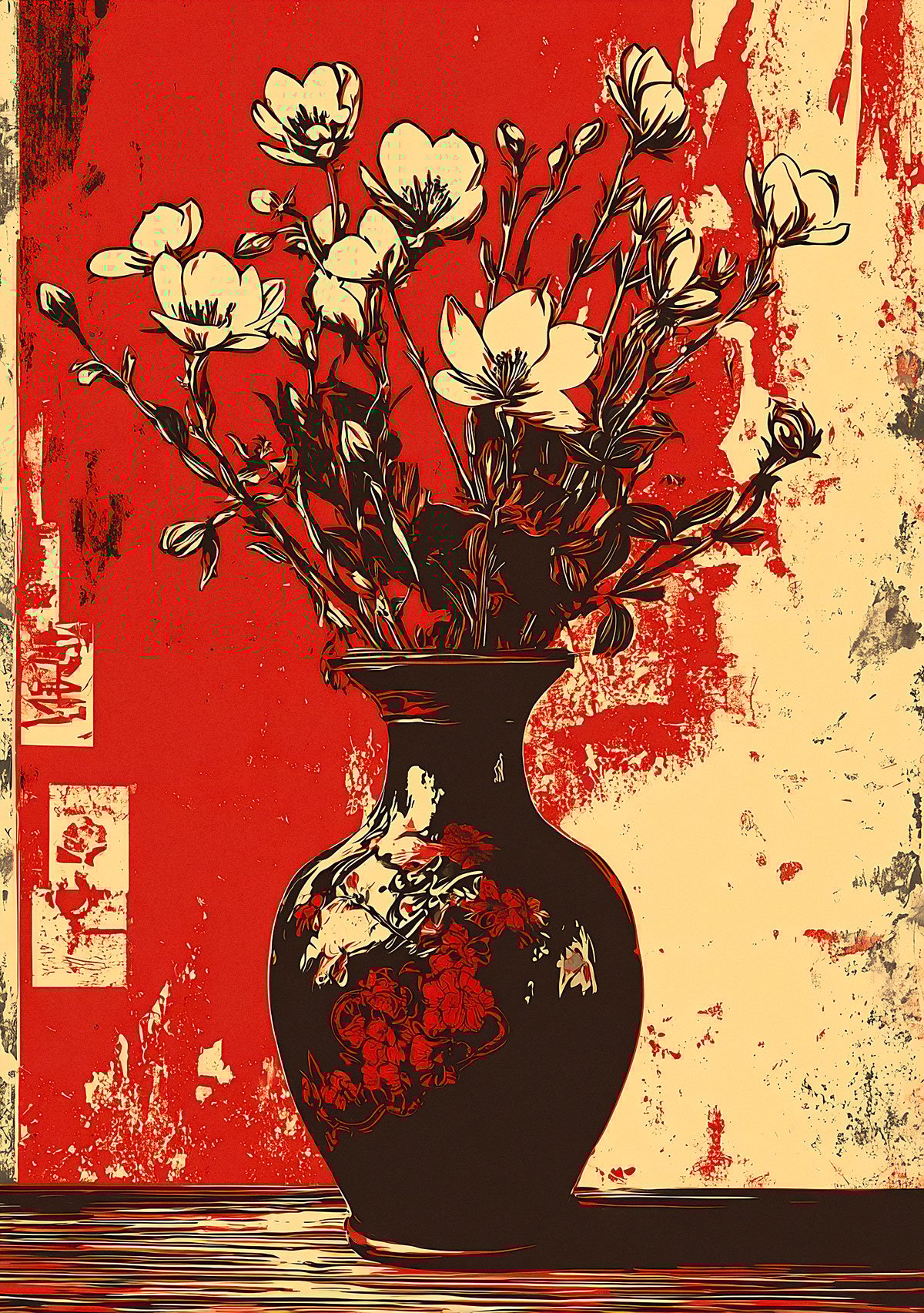 Dipinto realizzato con lo stencil Vase de Fleurs Sauvages, con le sue linee sottili e contrastanti che ricordano l'incisione in studio. Perfetto per una decorazione poetica ed elegante.