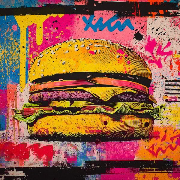 Un ejemplo de un colorido diseño realizado con la plantilla Burger, en un vibrante estilo de arte callejero pop.